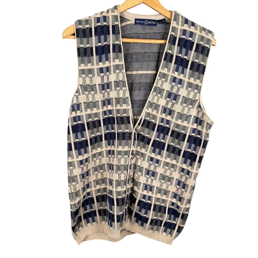 Cape Isle Knitters Mens XL Blue Geometric Cotton Button Front Sweater Vest VTG